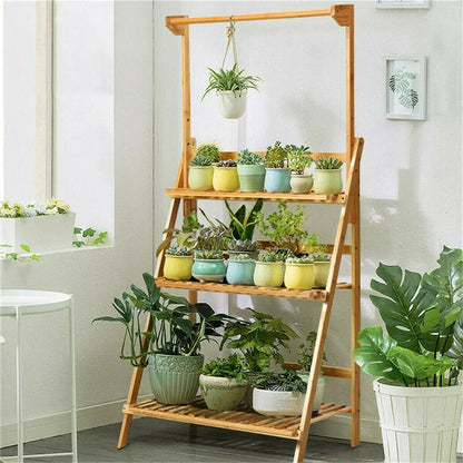 planter rack 3 Tiers Bamboo Hanging Folding Plant Shelf Stand